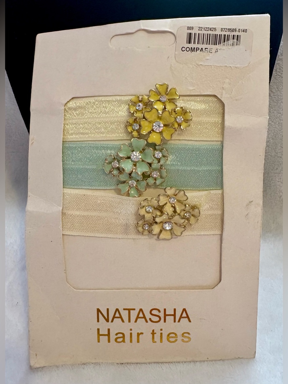 Natasha Couture Pastel Floral Ribbon Hair Ties in Yellow, Mint & Cream